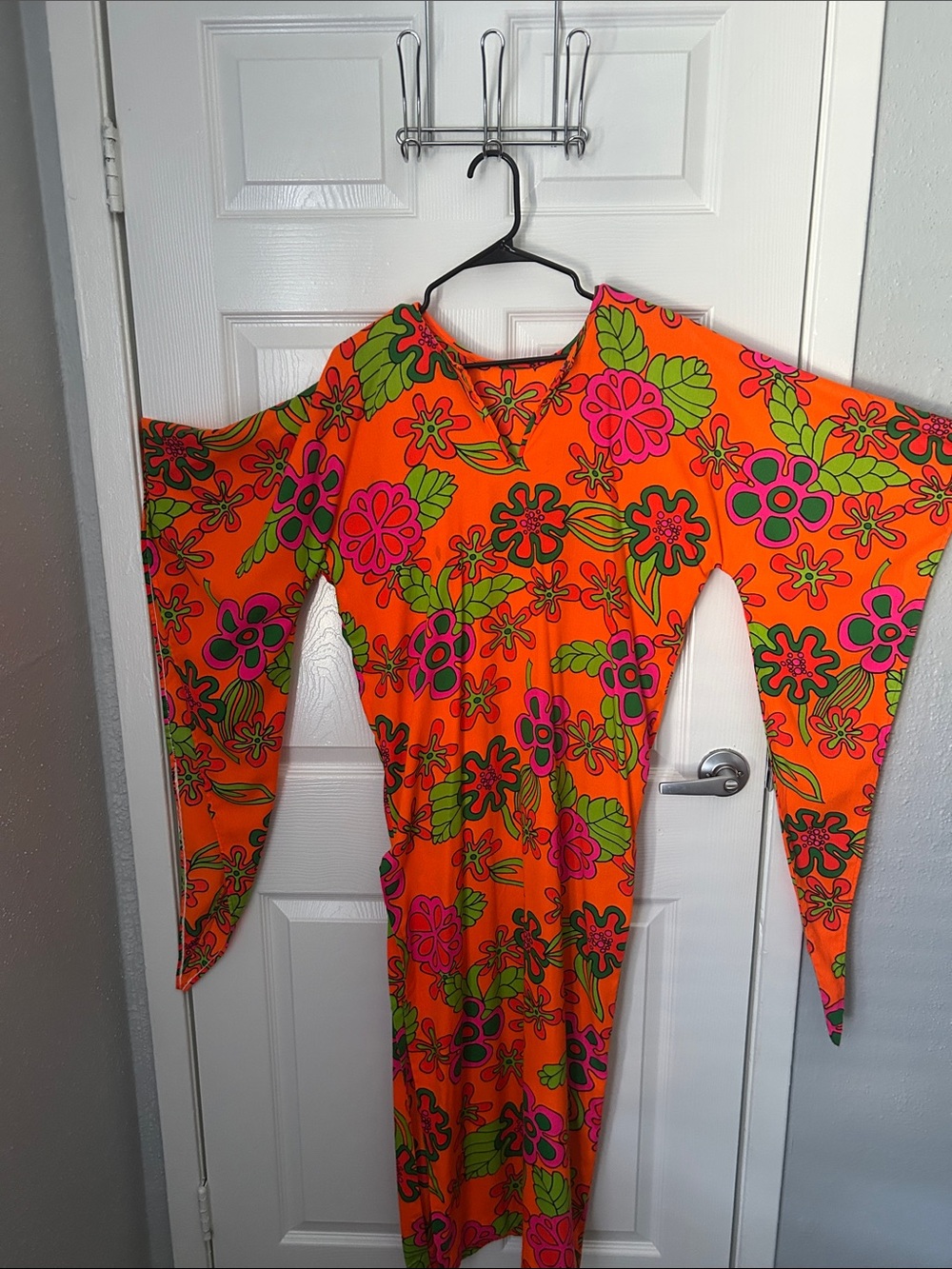 Hand Crafted Orange Floral Maxi Dress with Pink and Green Accents